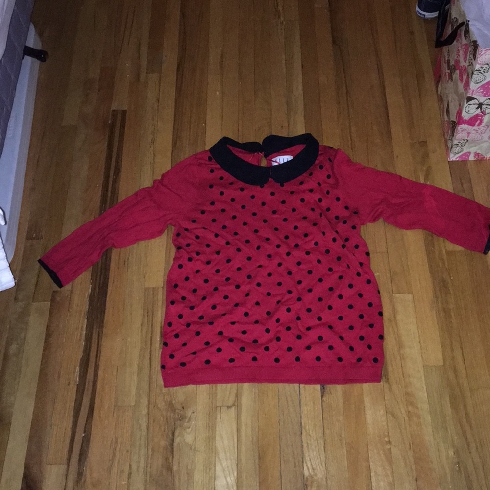 Red-black polka dot sweater with Peter Pan collar